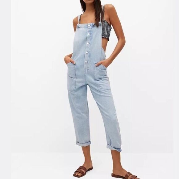 NEW Mango light blue denim overalls w/ knot straps and deep pockets Size L boho - Picture 1 of 12